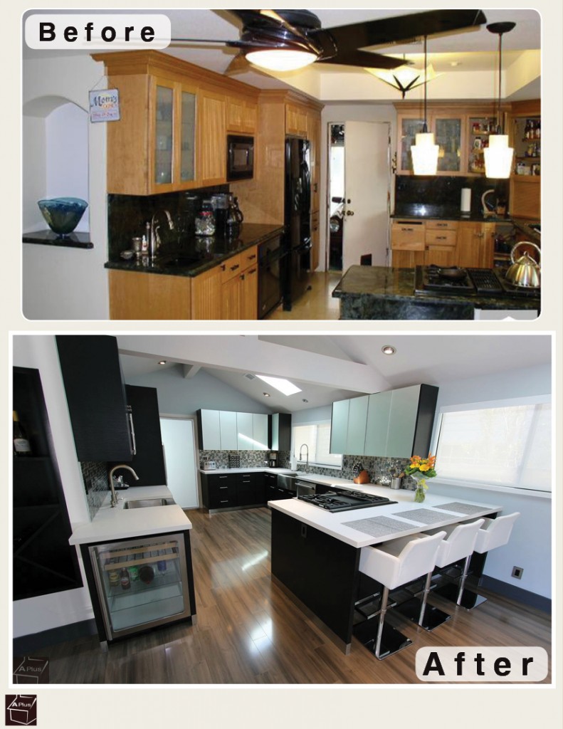 San Clemente Black & White Modern G-Shaped Kitchen Remodel with Sophia Line Cabinets