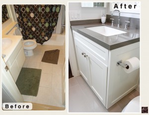 Modern Contemporary Bathroom Remodel with our custom cabinets and Cambria Quartz countertop